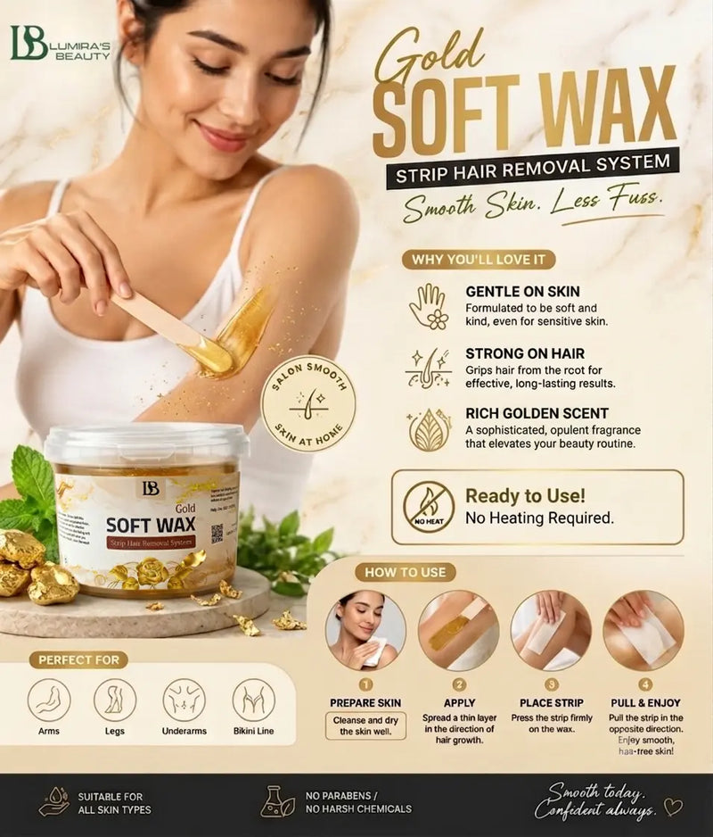 Gold Soft Wax strip hair removal system highlighting features and usage instructions.