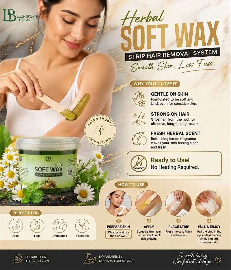 Herbal Soft Wax strip hair removal system highlighting features and usage instructions.