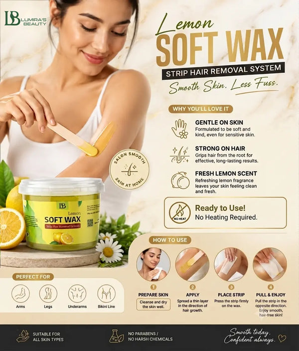Lemon Soft Wax strip hair removal system highlighting features and usage instructions.