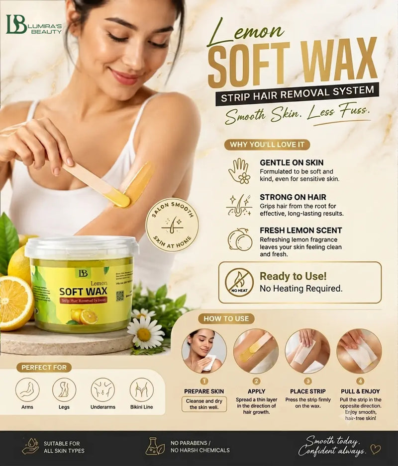 Lemon Soft Wax strip hair removal system highlighting features and usage instructions.