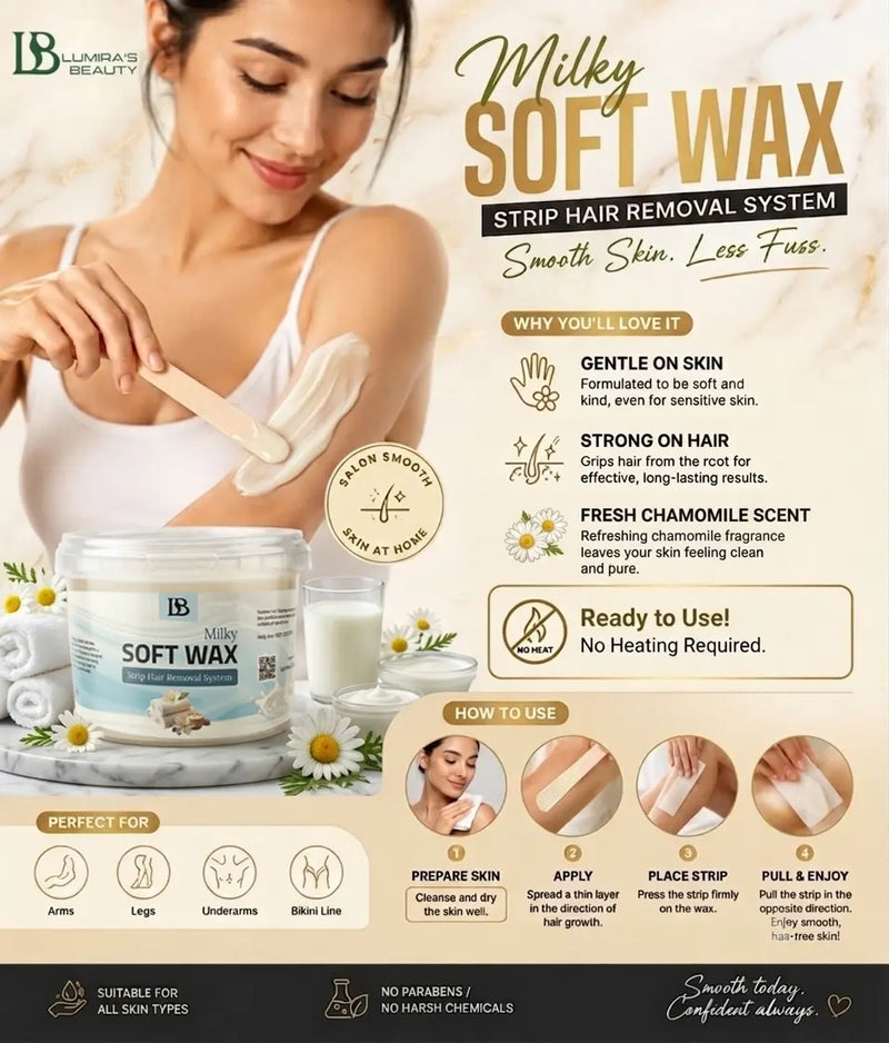 Milky Soft Wax strip hair removal system highlighting features and usage instructions.